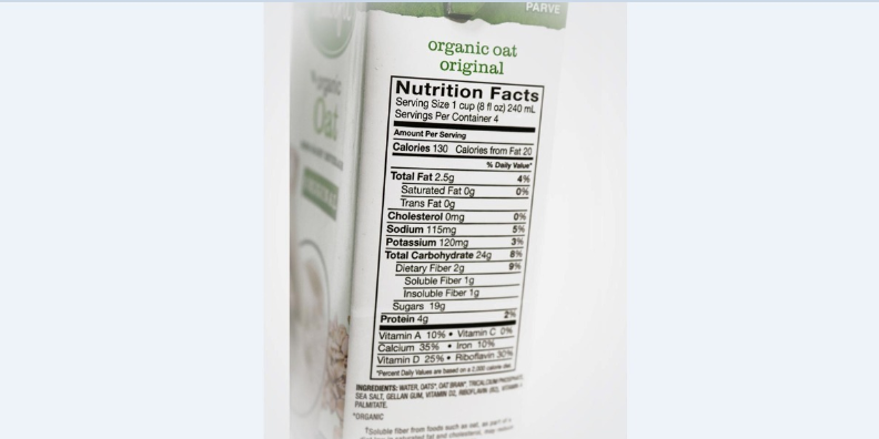 nutrition facts on an oat milk carton